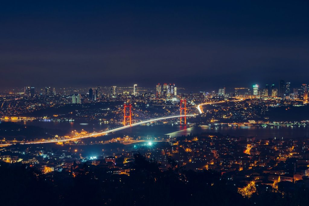 Vue aérienne du pont des Martyrs du 15-Juillet et de la ville d'Istanbul de nuit